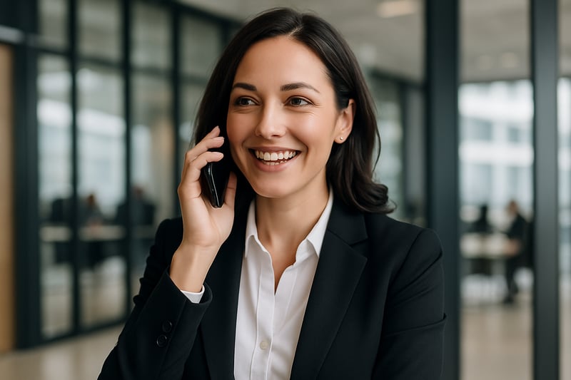 A woman talking on a mobile phone in a business setting