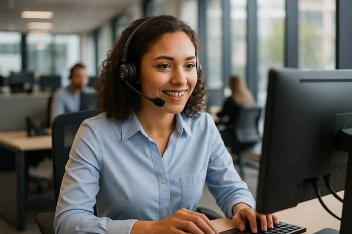 photographic a female employee working at a call center in a modern office setting